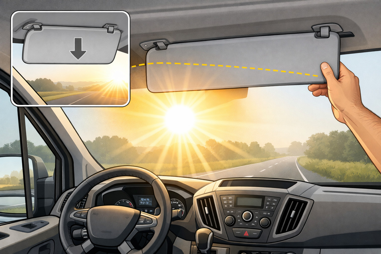 Sådan fjerner du blændende sol i forruden på Ford Transit ved morgenkørsel