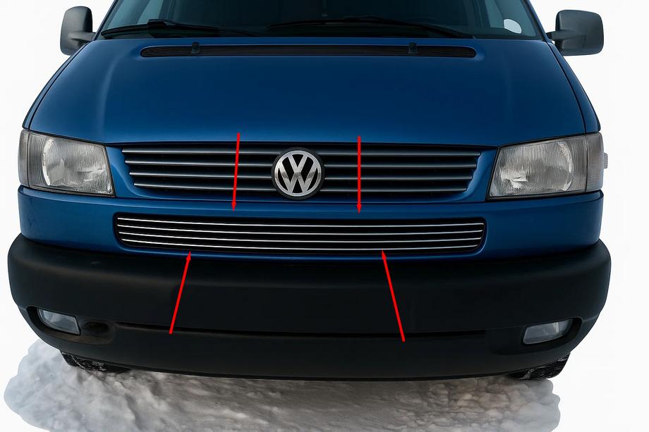 Volkswagen T4 Caravelle/Multivan 1990–2003 Kromlister til grill i kofangeren Косою капот (4 stk., rustfrit stål) Image